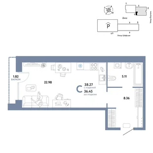 Планировка Студия, 38.27 м² ЖК «Страна.Энтузиастов»