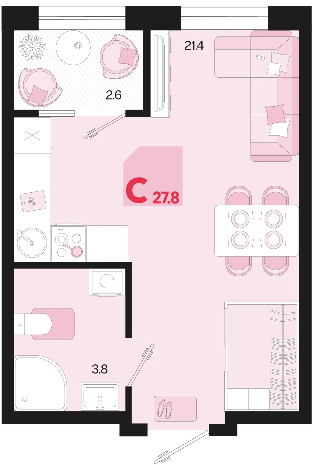 Планировка Студия, 27.8 м² ЖК «Первое место»