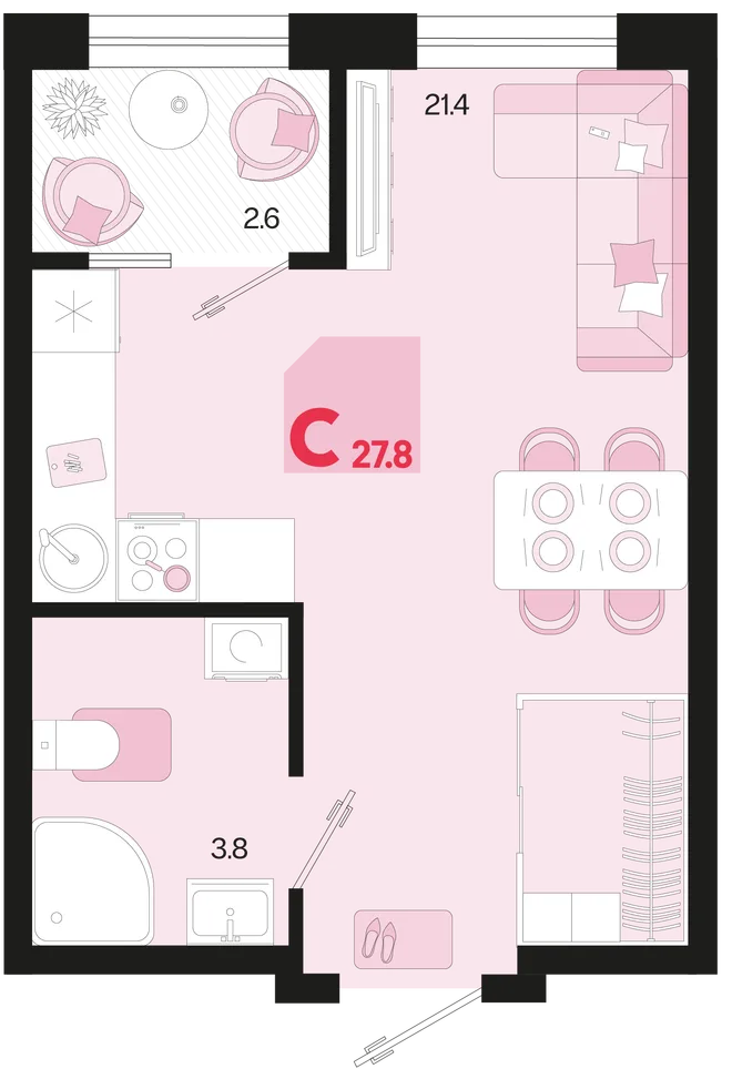 Планировка Студия, 27.8 м² ЖК «Первое место» Планировка Студия, 27.8 м² ЖК «Первое место»