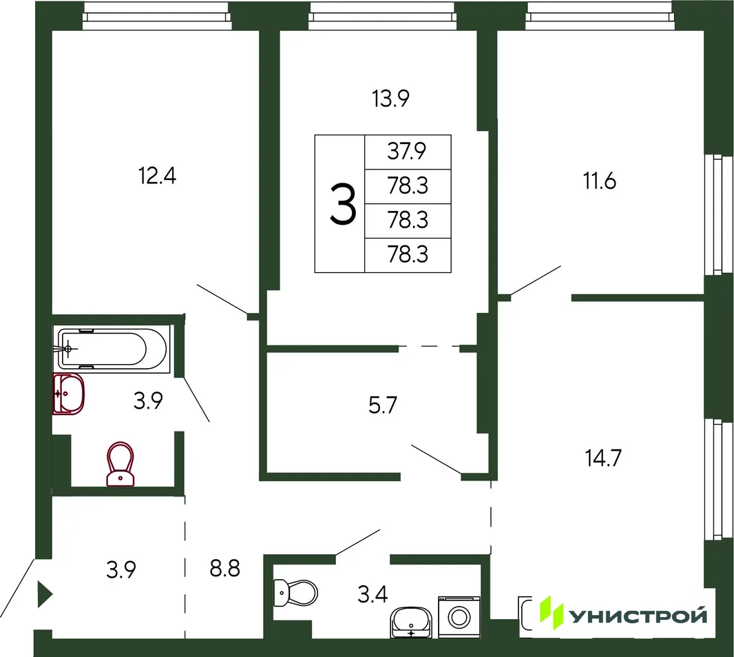 Планировка 3-комн. квартира, 78.3 м² ЖК «Парковый квартал 2.0»