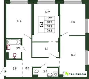 Планировка 3-комн. квартира, 78.3 м² ЖК «Парковый квартал 2.0»