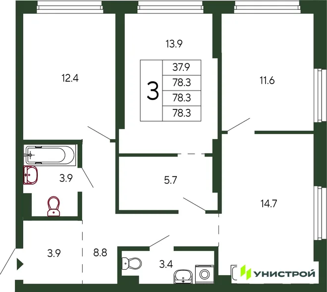 Планировка 3-комн. квартира, 78.3 м² ЖК «Парковый квартал 2.0» Планировка 3-комн. квартира, 78.3 м² ЖК «Парковый квартал 2.0»