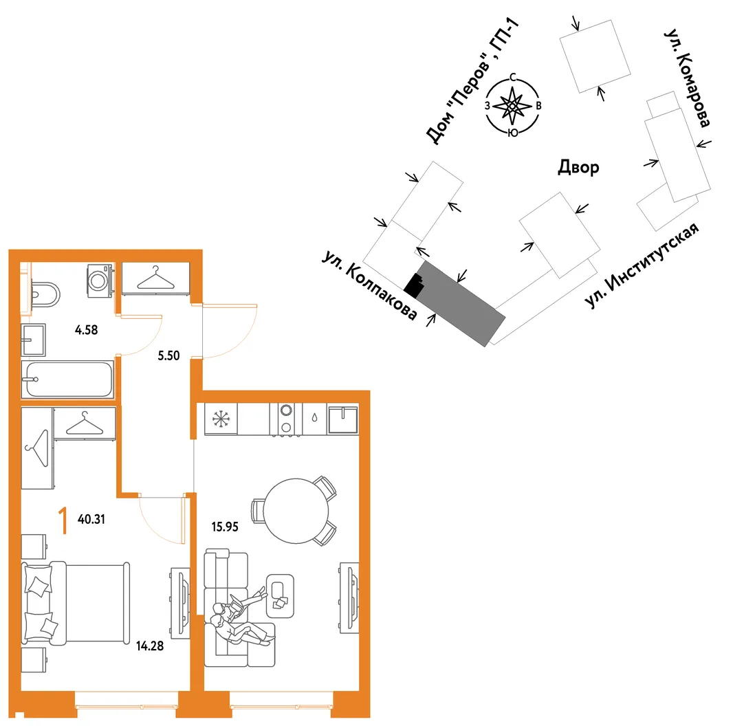 Планировка 1-комн. квартира, 40.31 м² ЖК «Страна.Парковая»