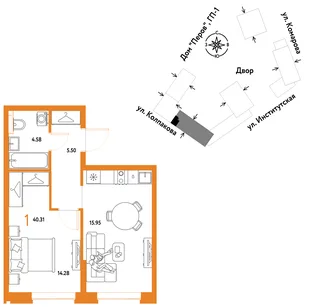 Планировка 1-комн. квартира, 40.31 м² ЖК «Страна.Парковая»