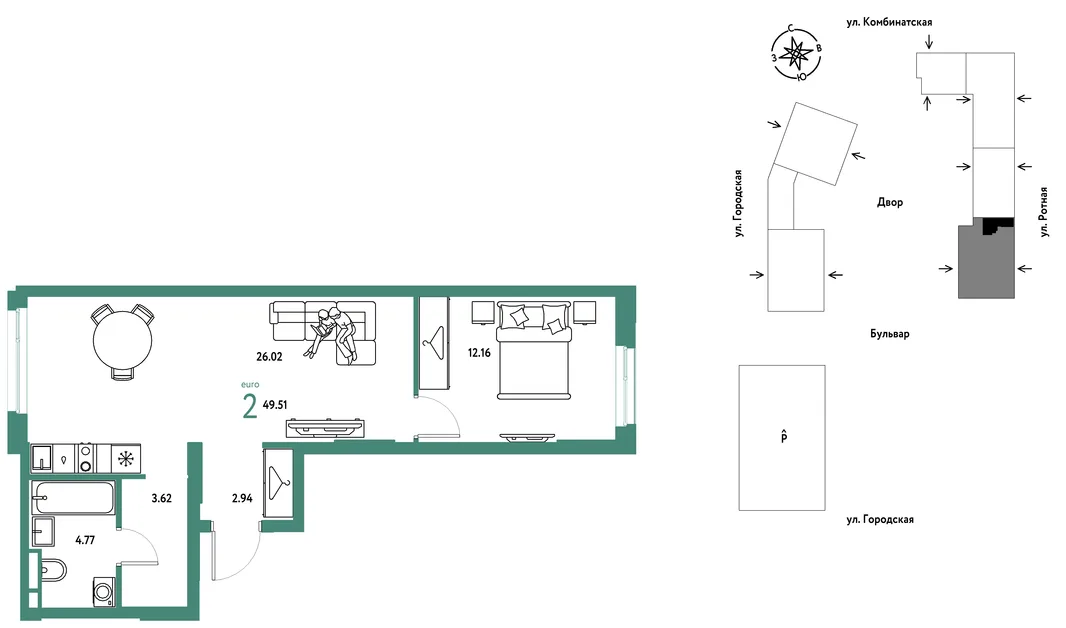Планировка 2-комн. квартира, 49.51 м² ЖК «Уральский сад»