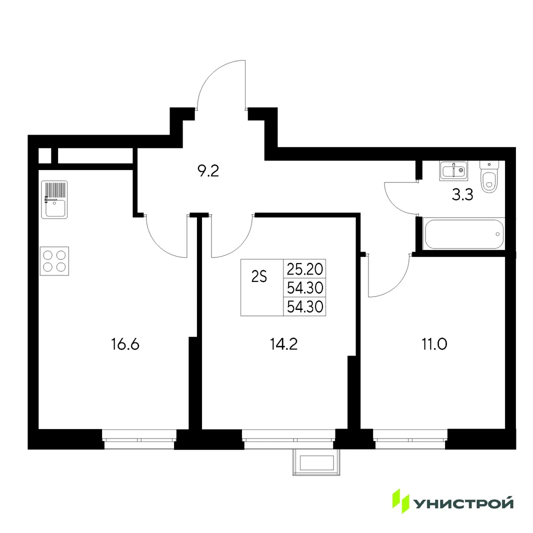 Планировка 2-комн. квартира, 54.3 м² ЖК «Стадиум»