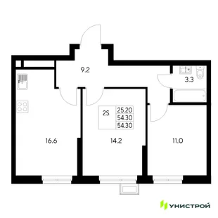 Планировка 2-комн. квартира, 54.3 м² ЖК «Стадиум»