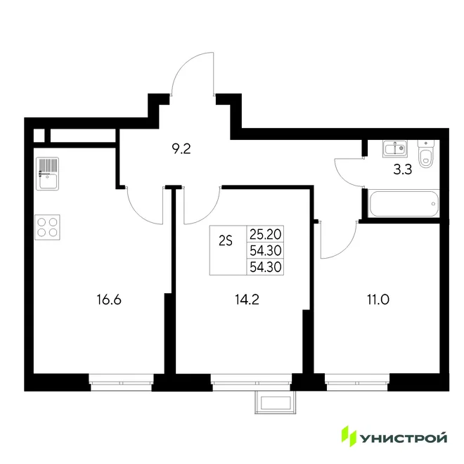 Планировка 2-комн. квартира, 54.3 м² ЖК «Стадиум» Планировка 2-комн. квартира, 54.3 м² ЖК «Стадиум»
