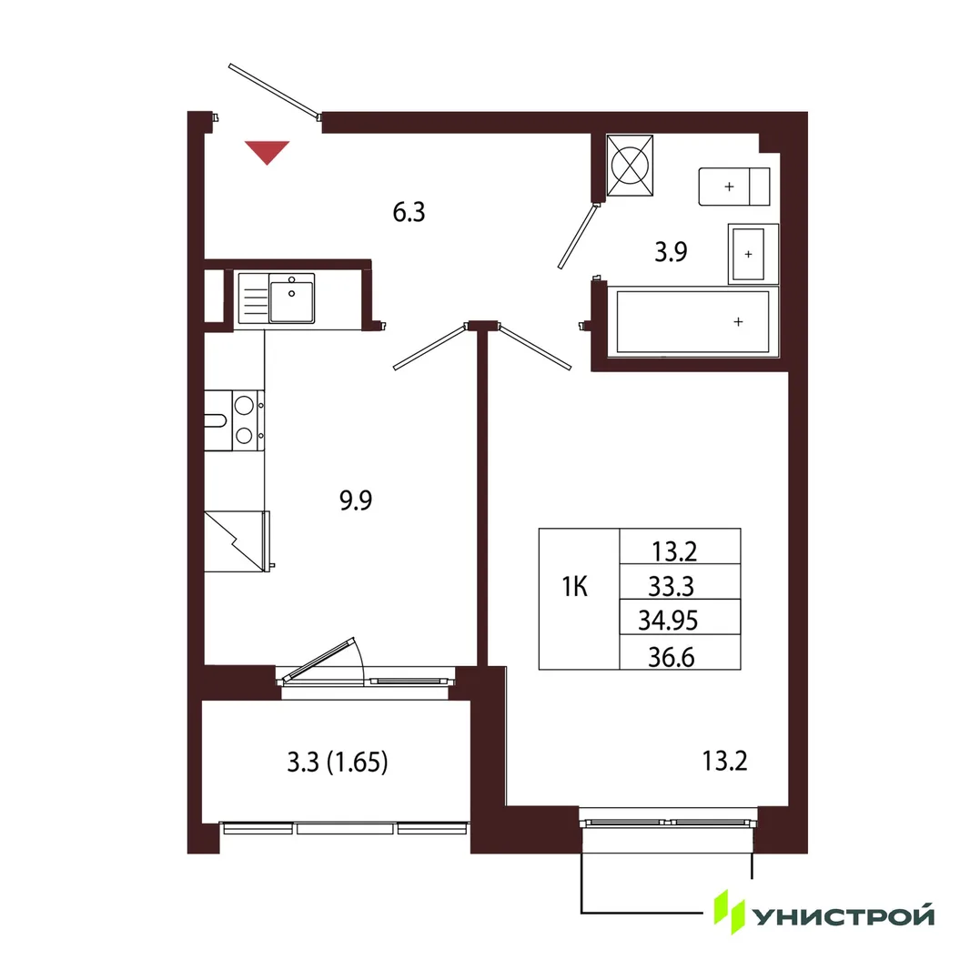 Планировка 1-комн. квартира, 34.95 м² ЖК «Лисино»