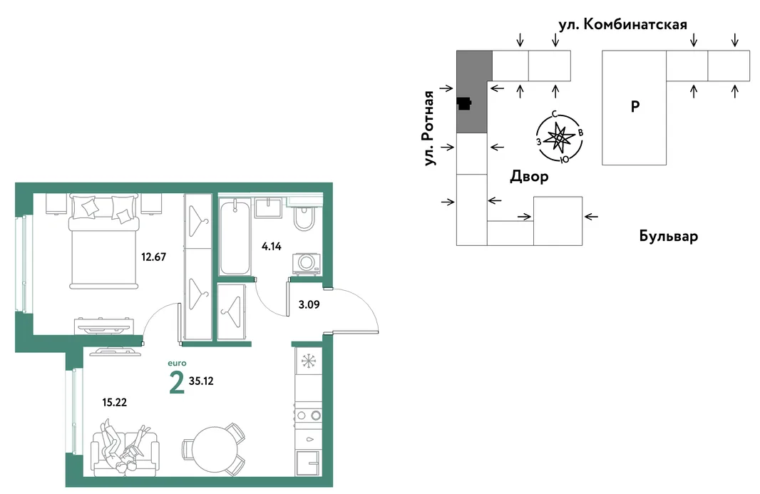 Планировка 2-комн. квартира, 34.9 м² ЖК «Уральский сад»
