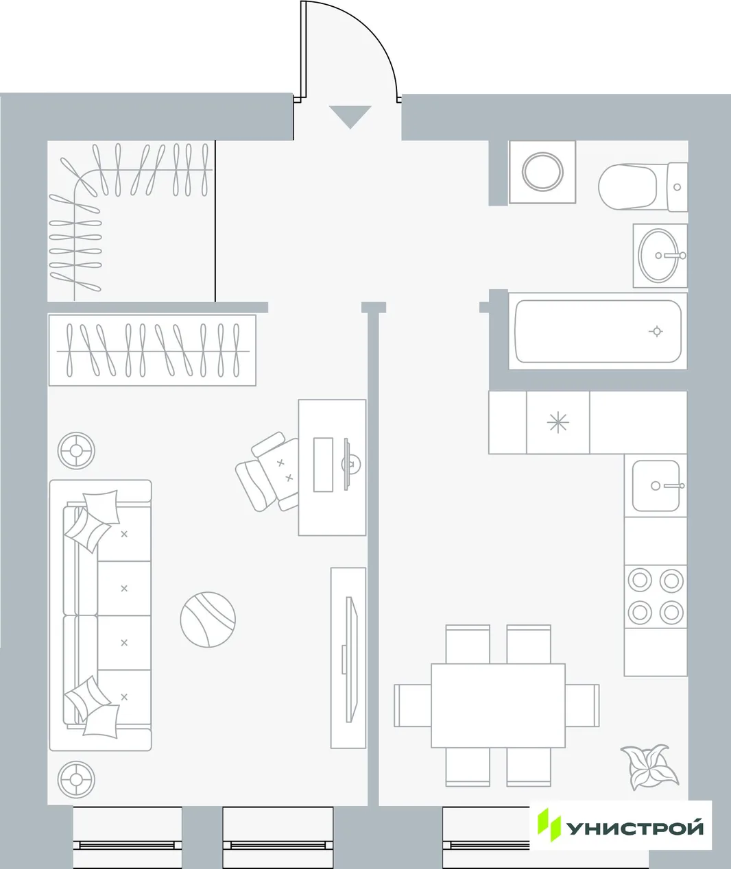 Планировка 1-комн. квартира, 37.13 м² ЖК «Причал»