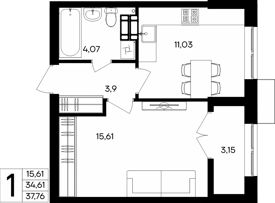 Планировка 1-комн. квартира, 37.76 м² ЖК «Семисчастье»