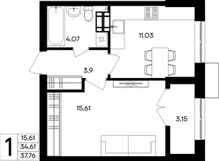 Планировка 1-комн. квартира, 37.76 м² ЖК «Семисчастье»