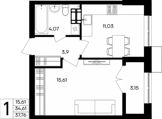 Планировка 1-комн. квартира, 37.76 м² ЖК «Семисчастье»