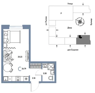Планировка Студия, 26.79 м² ЖК «Остров-сад»