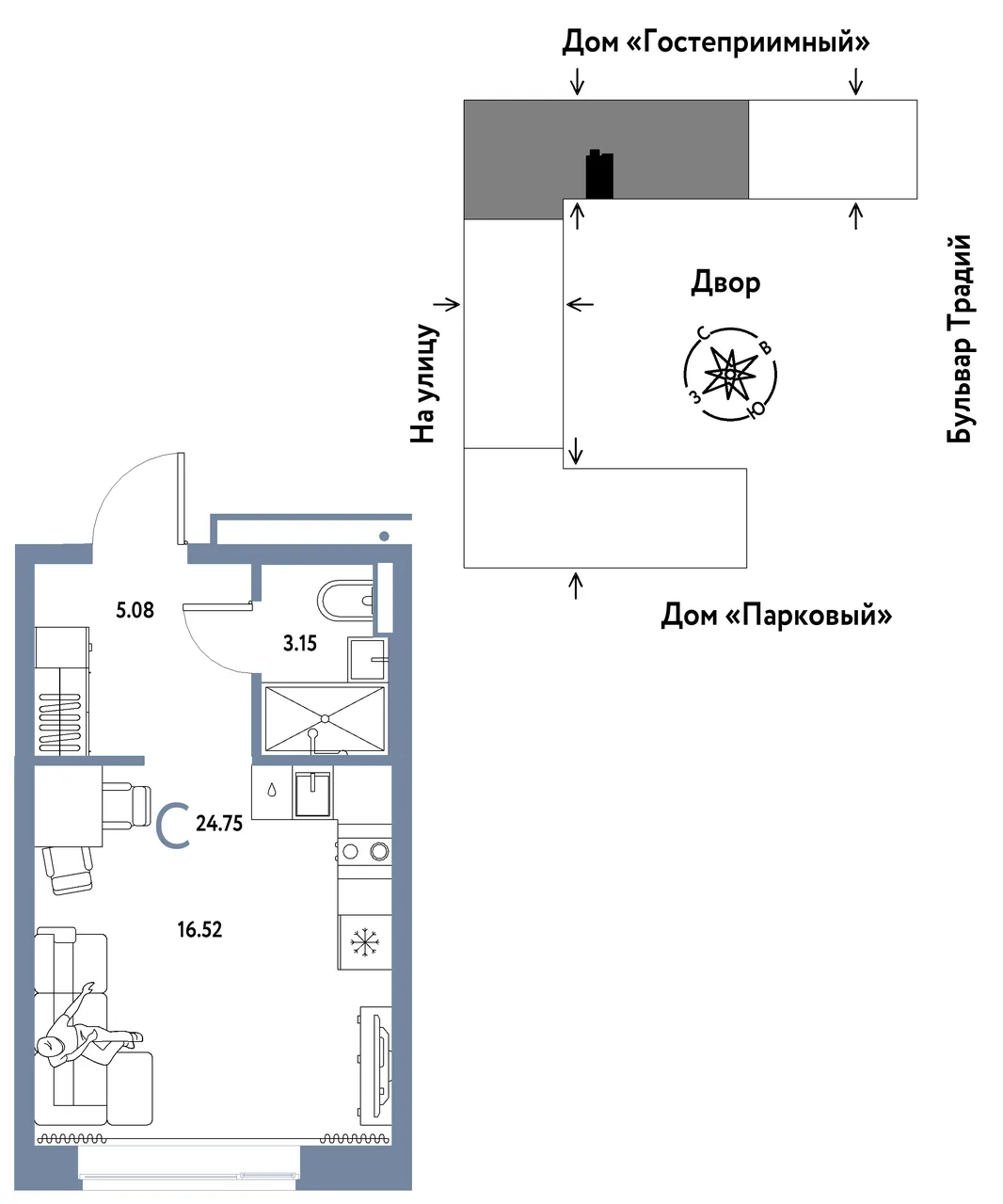 Планировка Студия, 24.75 м² ЖК «Микрорайон Домашний»