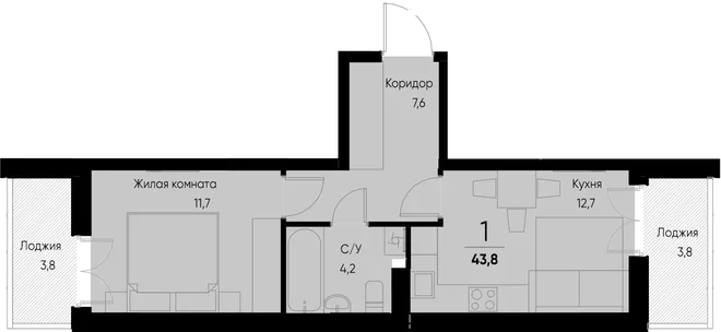 Планировка 1-комн. квартира, 43.8 м² ЖК «Васильевский остров» Планировка 1-комн. квартира, 43.8 м² ЖК «Васильевский остров»