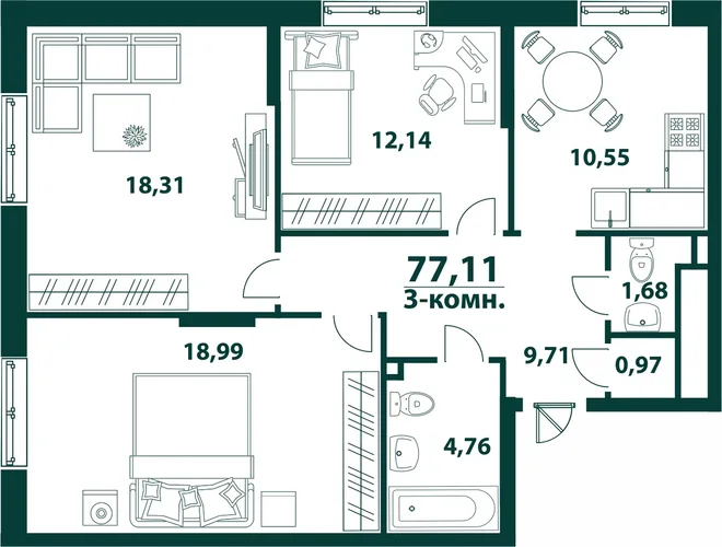 Планировка 3-комн. квартира, 77.11 м² ЖК «Аквамарин 2» Планировка 3-комн. квартира, 77.11 м² ЖК «Аквамарин 2»