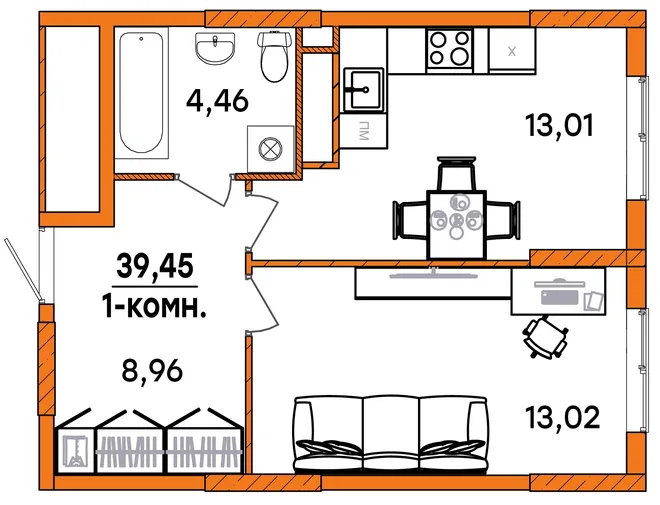 Планировка 1-комн. квартира, 39.45 м² ЖК «Юность»