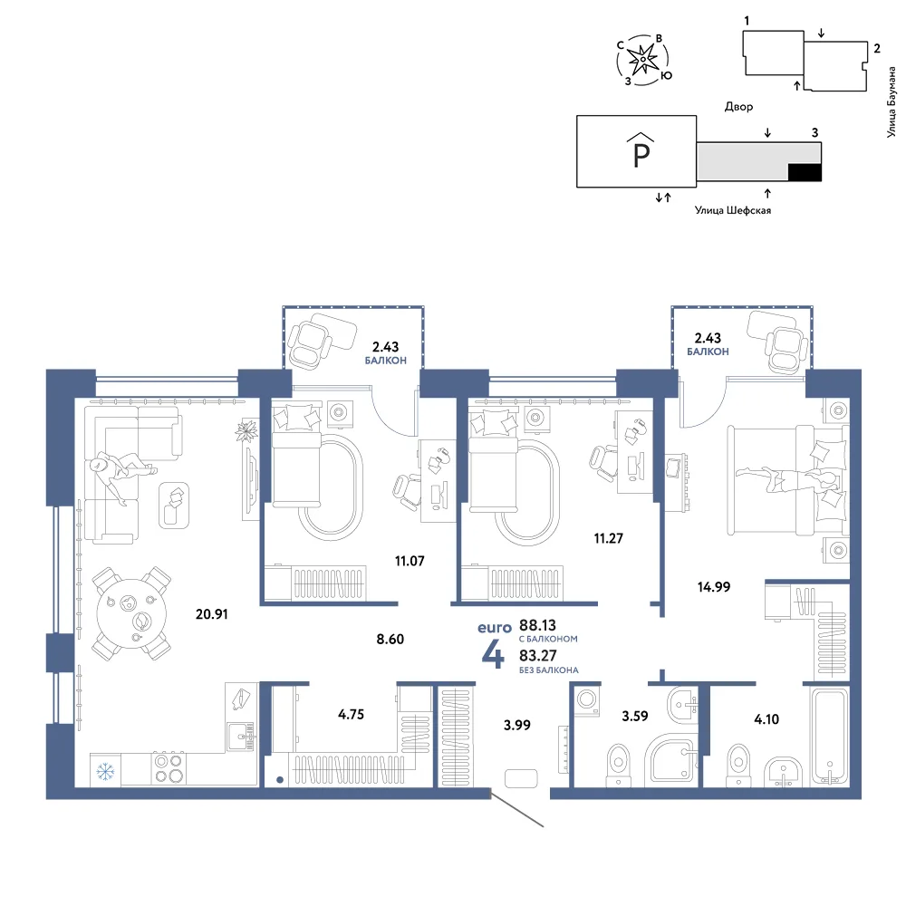 Планировка 4-комн. квартира, 88.13 м² ЖК «Страна.Энтузиастов»