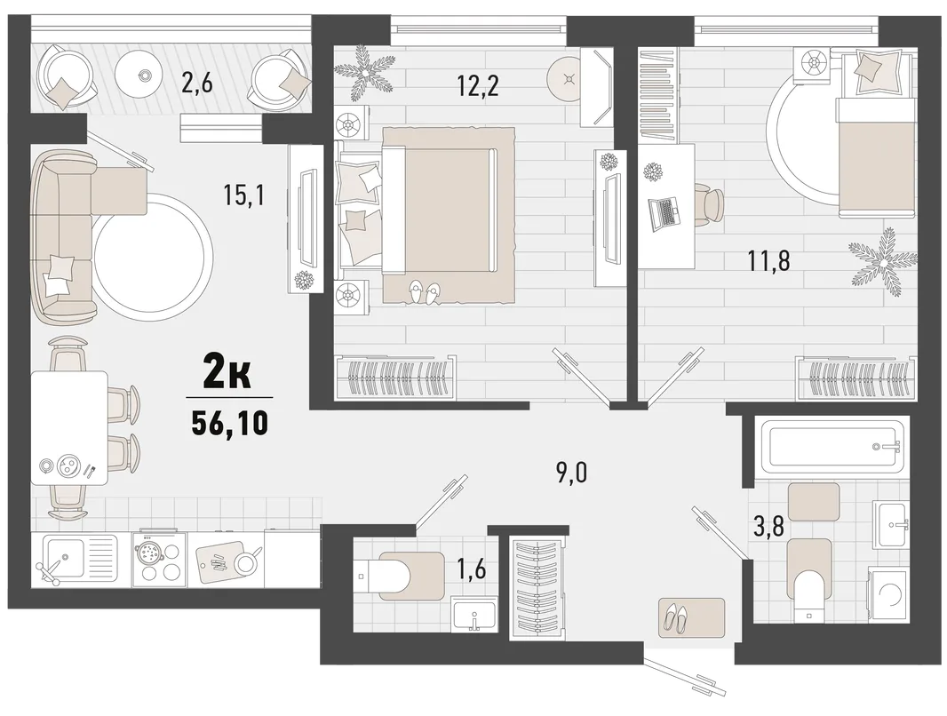 Планировка 2-комн. квартира, 56.1 м² ЖК «Барса»