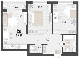 Планировка 2-комн. квартира, 56.1 м² ЖК «Барса»