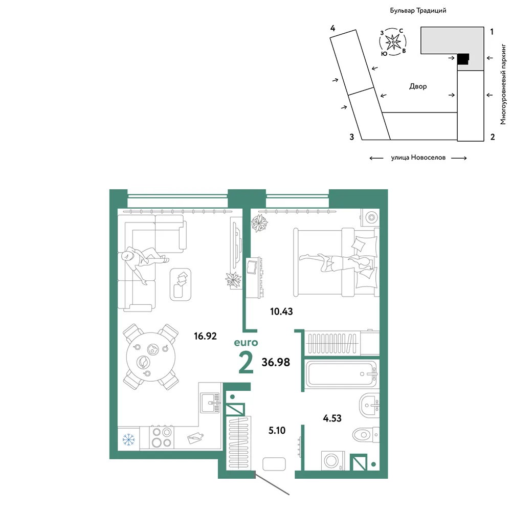 Планировка 2-комн. квартира, 36.98 м² ЖК «Микрорайон Домашний»