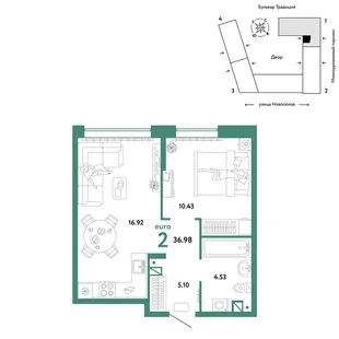 Планировка 2-комн. квартира, 36.98 м² ЖК «Микрорайон Домашний»