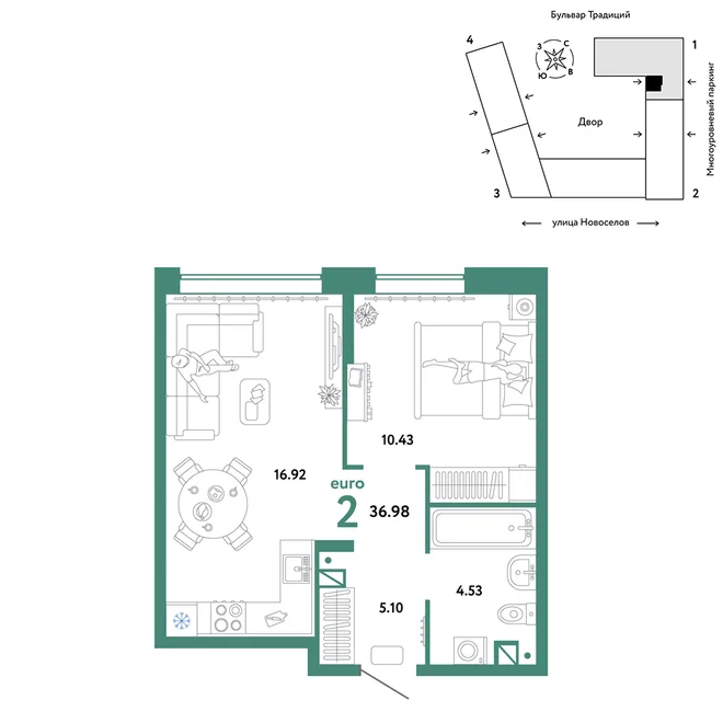 Планировка 2-комн. квартира, 36.98 м² ЖК «Микрорайон Домашний» Планировка 2-комн. квартира, 36.98 м² ЖК «Микрорайон Домашний»