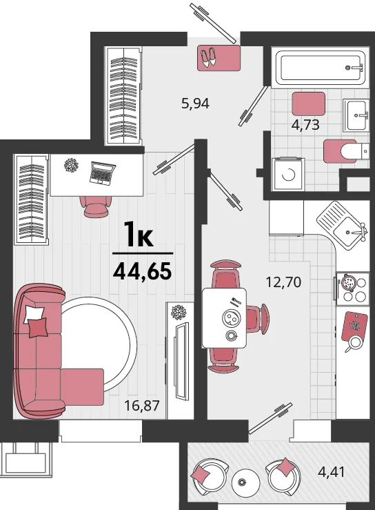 Планировка 1-комн. квартира, 44.65 м² ЖК «Родные просторы»