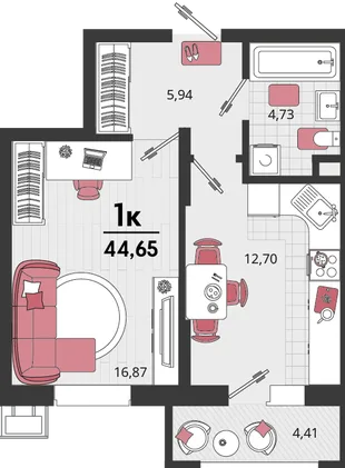 Планировка 1-комн. квартира, 44.65 м² ЖК «Родные просторы»