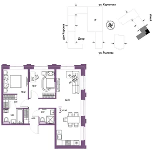 Планировка 3-комн. квартира, 62.99 м² ЖК «Остров-сад»