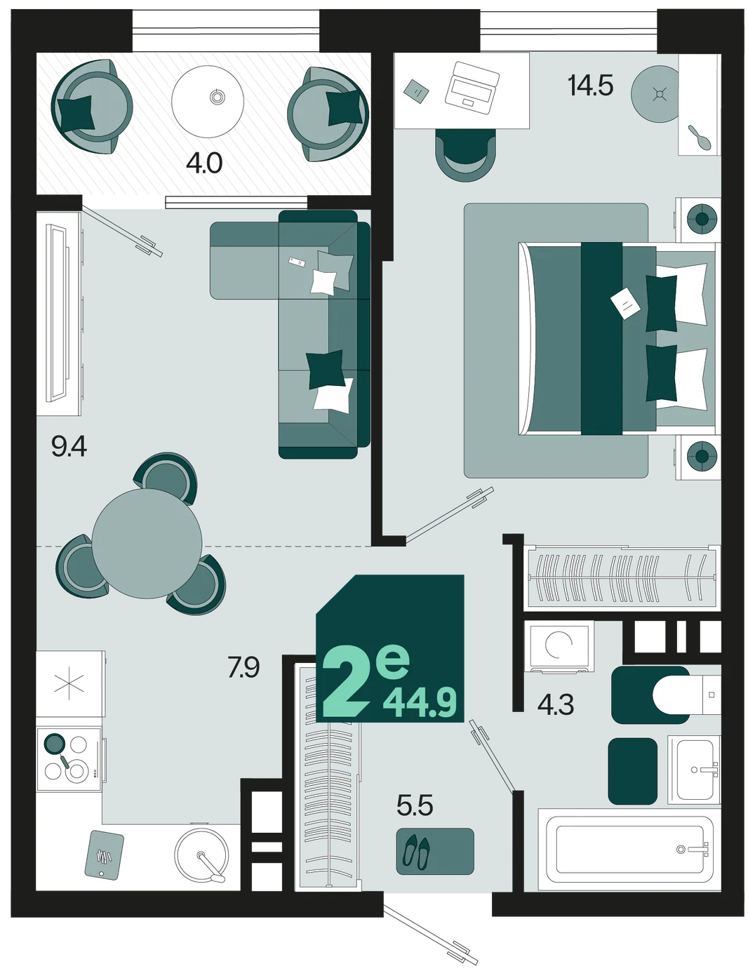 Планировка 2-комн. квартира, 44.9 м² ЖК «Первое место»