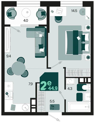 Планировка 2-комн. квартира, 44.9 м² ЖК «Первое место»