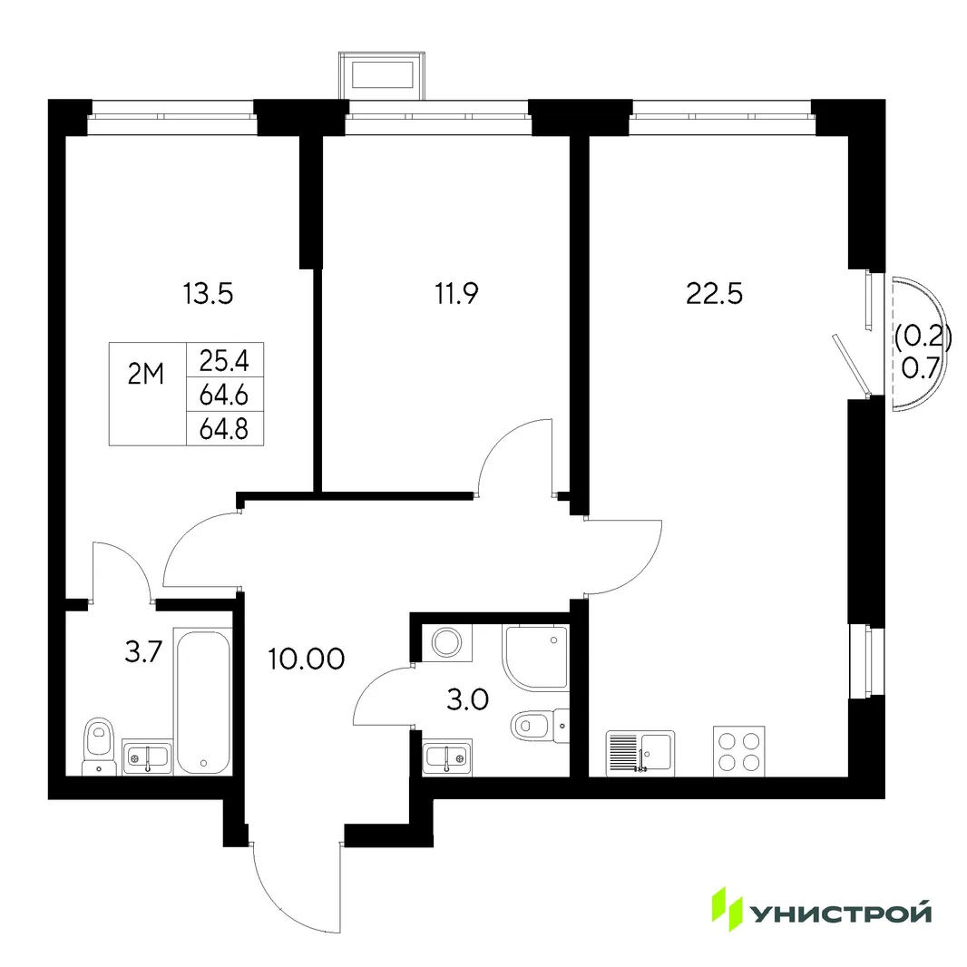 Планировка 2-комн. квартира, 64.8 м² ЖК «Стадиум»