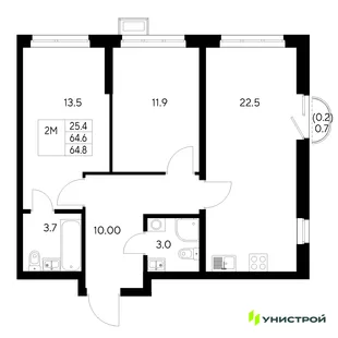 Планировка 2-комн. квартира, 64.8 м² ЖК «Стадиум»