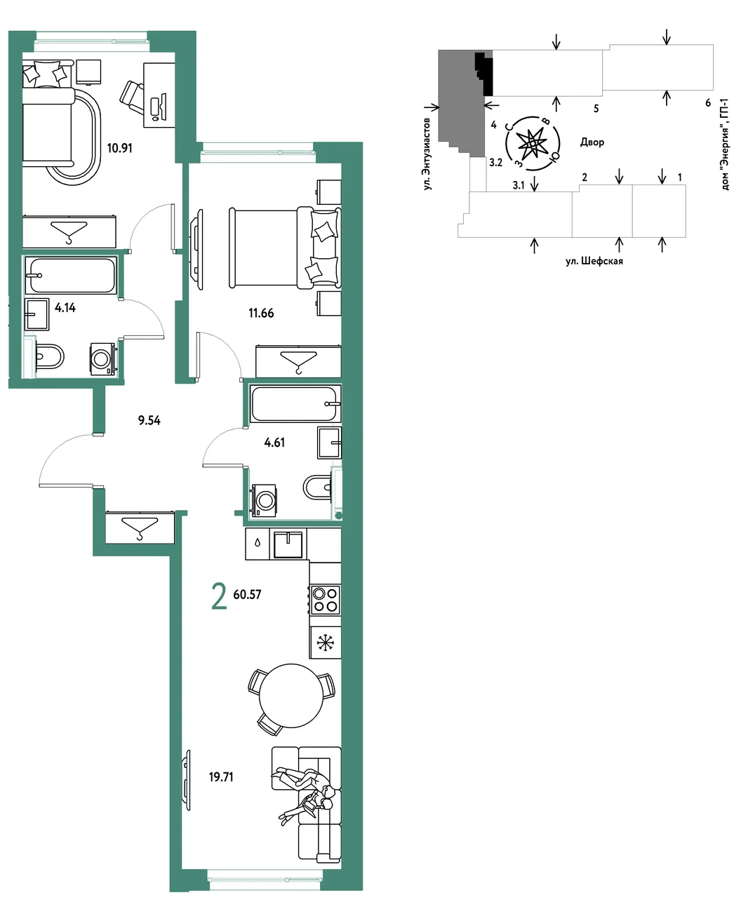 Планировка 2-комн. квартира, 60.57 м² ЖК «Страна.Энтузиастов»