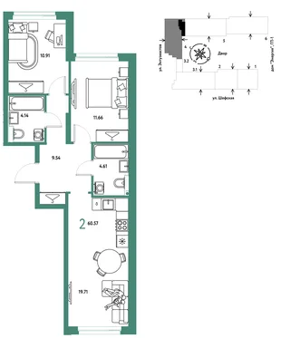 Планировка 2-комн. квартира, 60.57 м² ЖК «Страна.Энтузиастов»