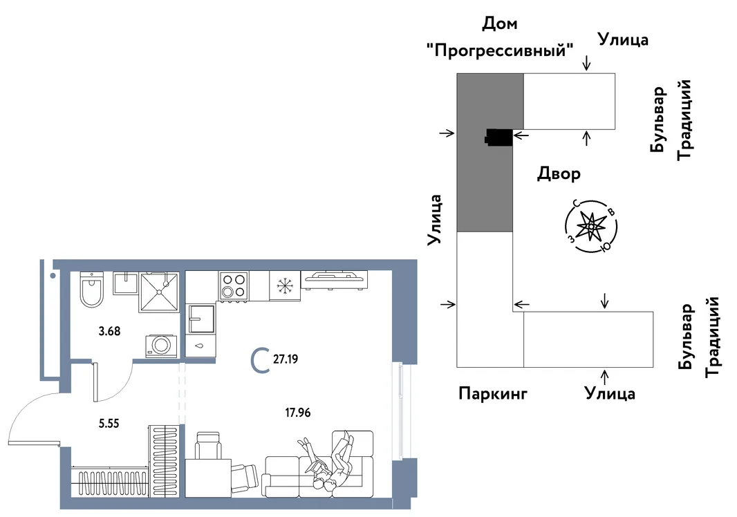 Планировка Студия, 27.19 м² ЖК «Микрорайон Домашний»