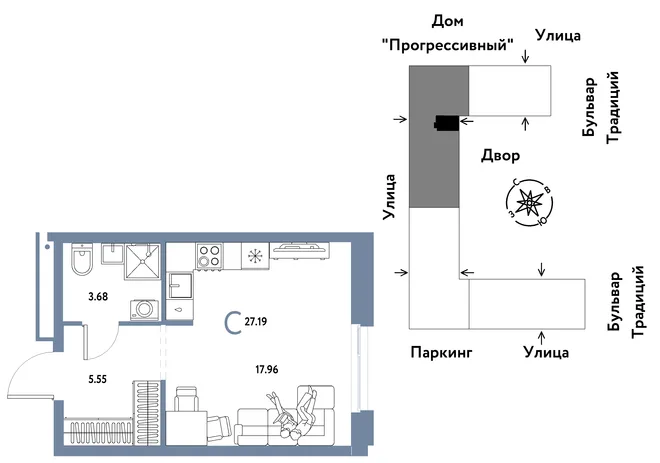 Планировка Студия, 27.19 м² ЖК «Микрорайон Домашний» Планировка Студия, 27.19 м² ЖК «Микрорайон Домашний»