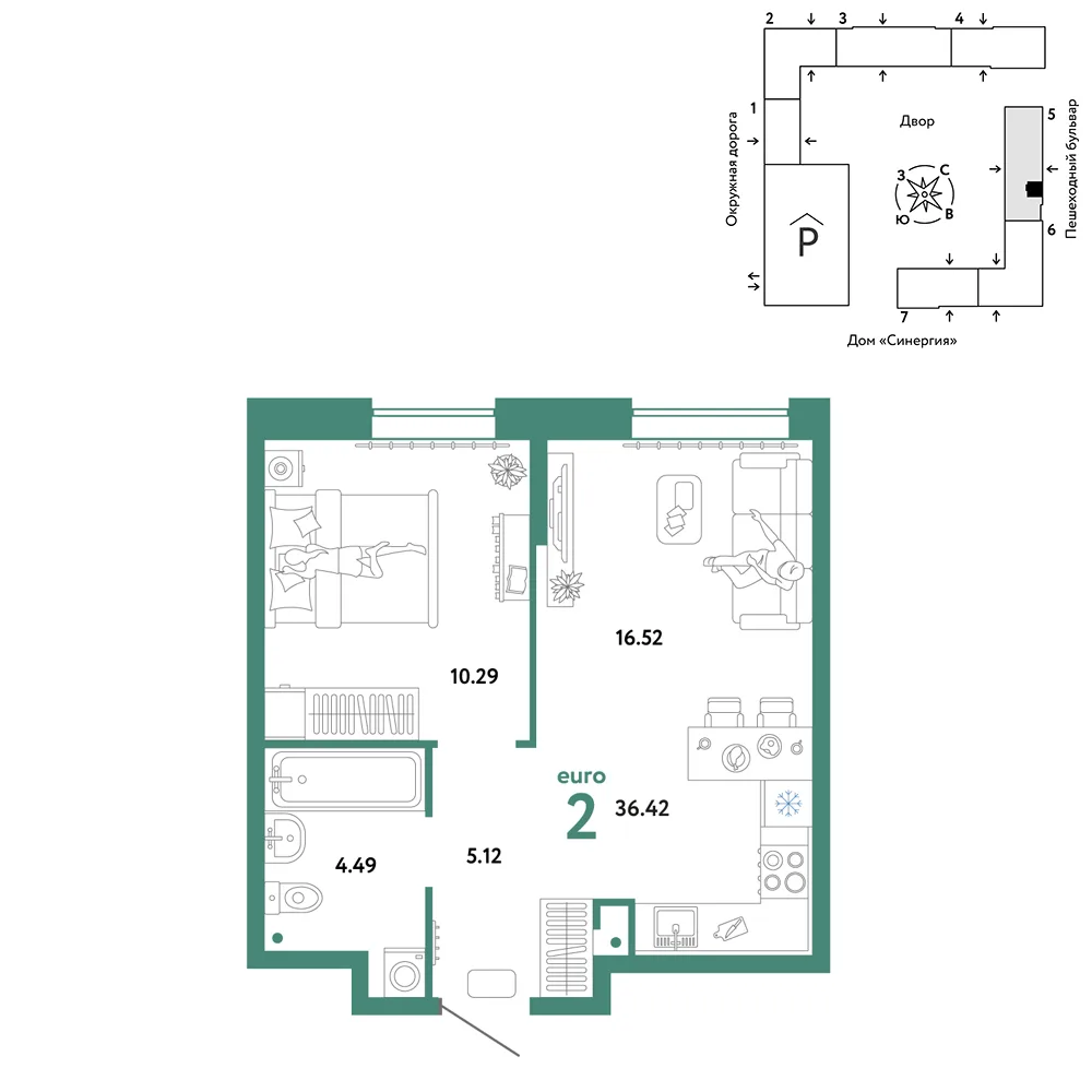 Планировка 2-комн. квартира, 36.42 м² ЖК «Юнион»