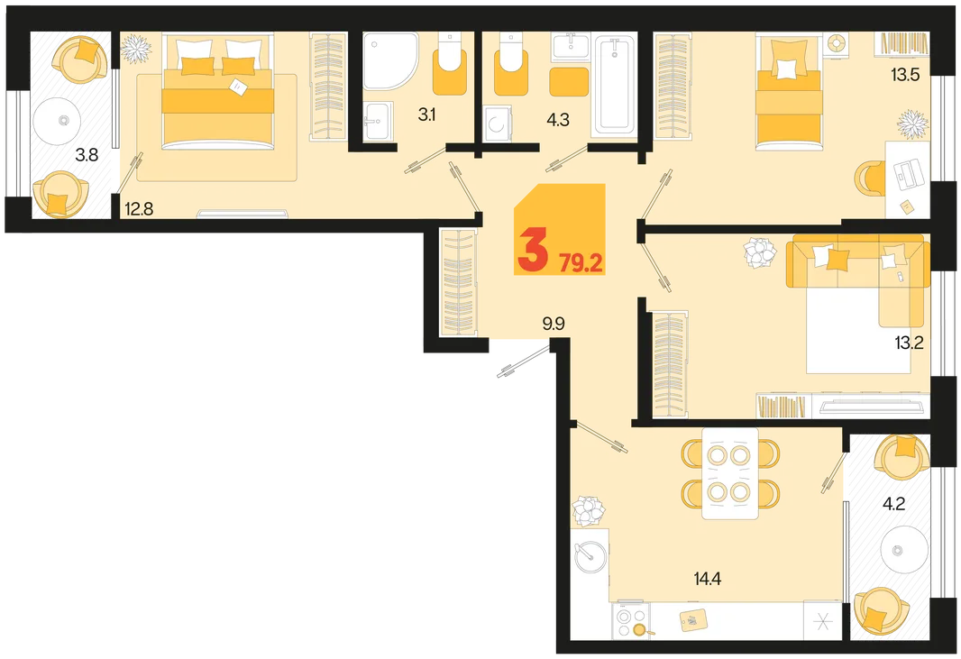 Планировка 3-комн. квартира, 79.2 м² ЖК «Первое место»