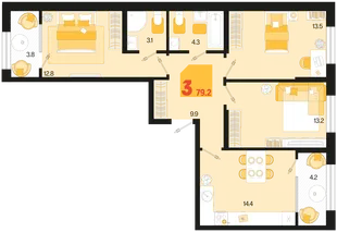 Планировка 3-комн. квартира, 79.2 м² ЖК «Первое место»