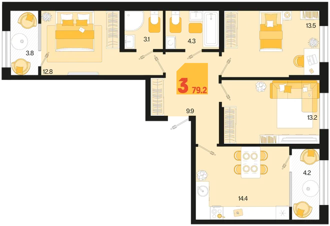 Планировка 3-комн. квартира, 79.2 м² ЖК «Первое место» Планировка 3-комн. квартира, 79.2 м² ЖК «Первое место»