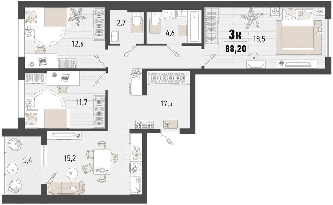 Планировка 3-комн. квартира, 88.2 м² ЖК «Барса»