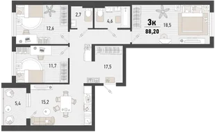 Планировка 3-комн. квартира, 88.2 м² ЖК «Барса»
