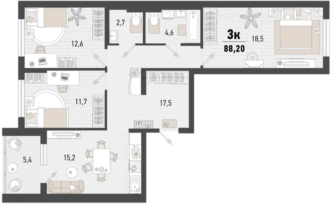 Планировка 3-комн. квартира, 88.2 м² ЖК «Барса» Планировка 3-комн. квартира, 88.2 м² ЖК «Барса»