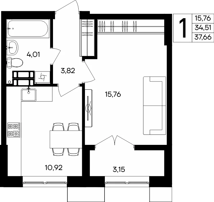 Планировка 1-комн. квартира, 37.66 м² ЖК «Семисчастье»