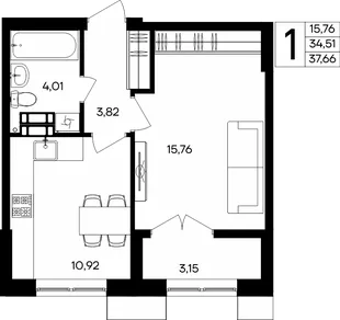 Планировка 1-комн. квартира, 37.66 м² ЖК «Семисчастье»
