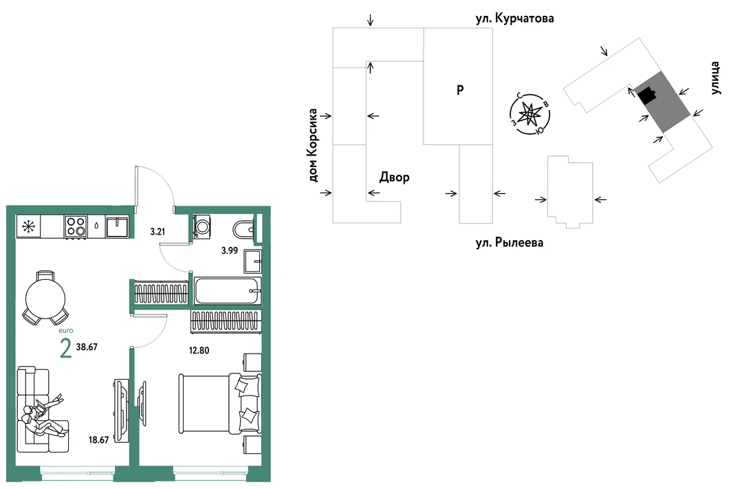 Планировка 2-комн. квартира, 38.85 м² ЖК «Остров-сад»